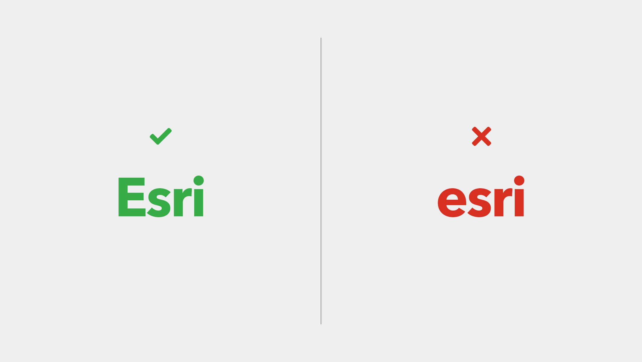 A correct example of the written spelling of Esri in green and an incorrect example in red