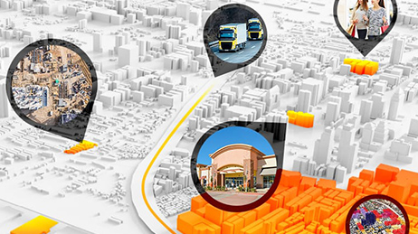 Белая карта зданий с пятью пузырьками, на которых изображены грузовики на дороге, люди, совершающие покупки, и здания