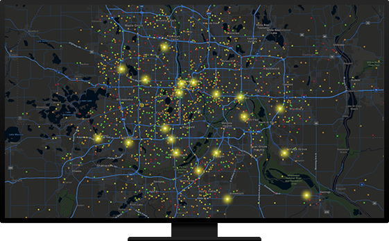 Dunkelgraue Karte mit leuchtend gelben Punkten und blauen Linien