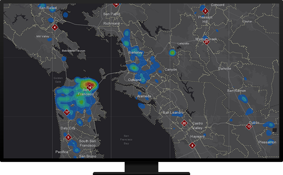Темно-серая карта Сан-Франциско, Окленда и Сан-Рафаэля с синими, зелеными, желтыми и красными затемненными областями