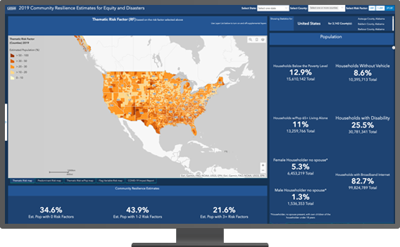 شاشة سطح مكتب تعرض لوحة معلومات التعداد بالولايات المتحدة مصممة باستخدام ArcGIS وبيانات حول مرونة المجتمع والمساواة