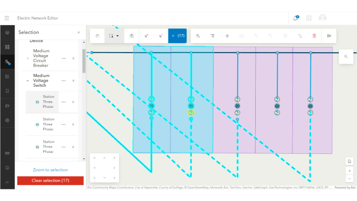 Eine Reihe von blauen und rosafarbenen Rechtecken mit verbundenen blauen Linien, die einen Screenshot von Electric Network Editor darstellen 