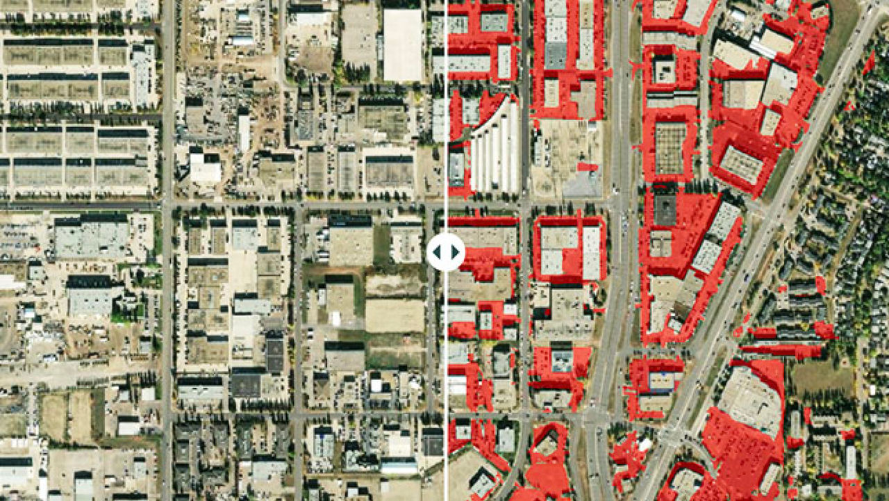 An aerial image of a city with a slider divider in the middle; one one side of the slider, available parking space is highlighted in red around each building