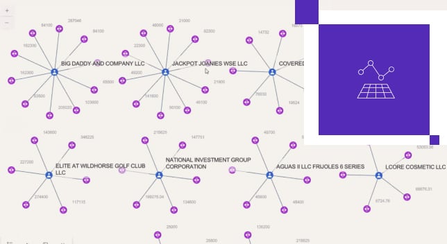 A network graph showing the connections between 8 companies, with each central module in blue surrounded by linked purple modules
