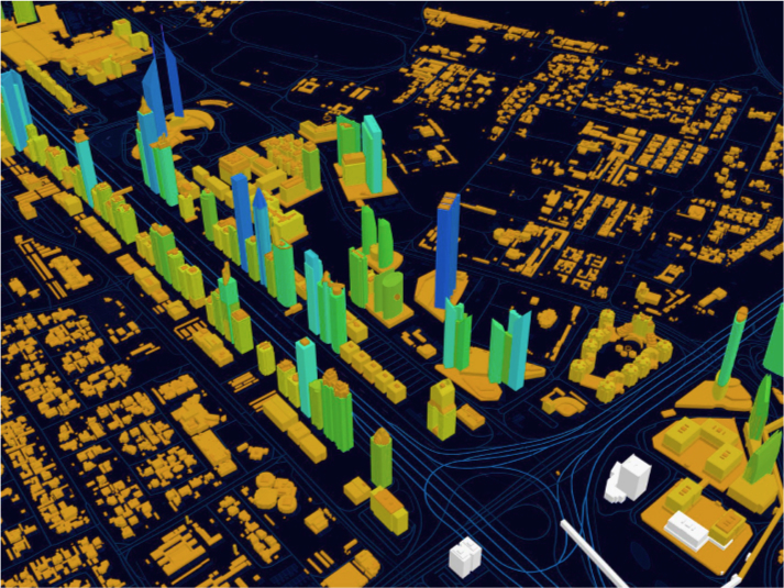 Mockup map of a city with a black basemap, featuring 3D buildings in orange, blue, and green and blue-lined roadways