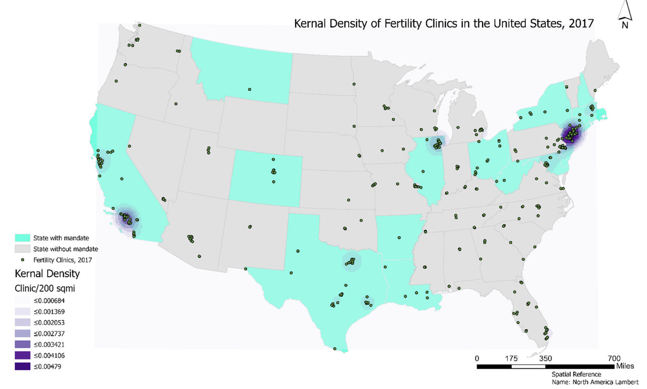 A map image of the United States shows the density of fertility clinics and state mandates in blue.