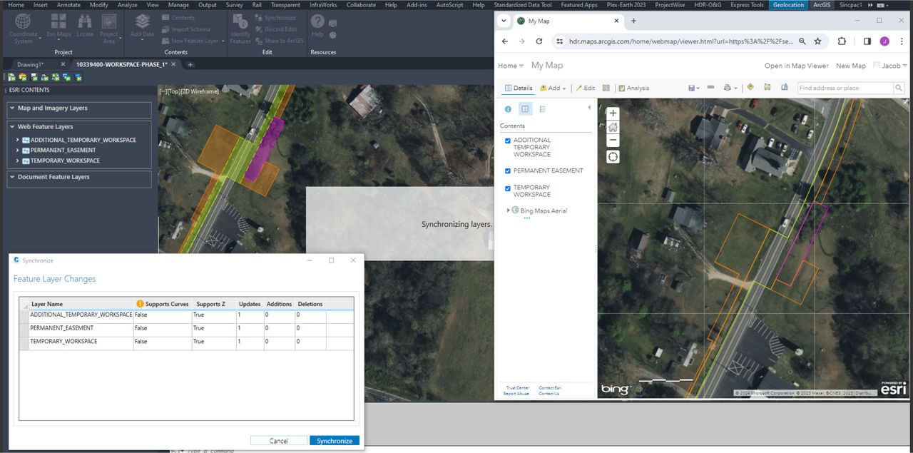 Aerial images of land with multicolored lines and shaped overlayed in ArcGIS for AutoCAD on the left and ArcGIS Online 