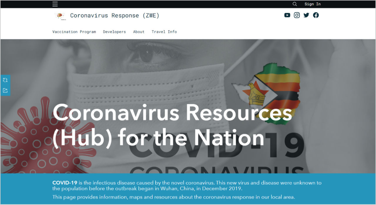 Image of a person wearing facemask on the main page of Zimbabwe’s coronavirus hub – titled “Coronavirus Resources (Hub) for the Nation
