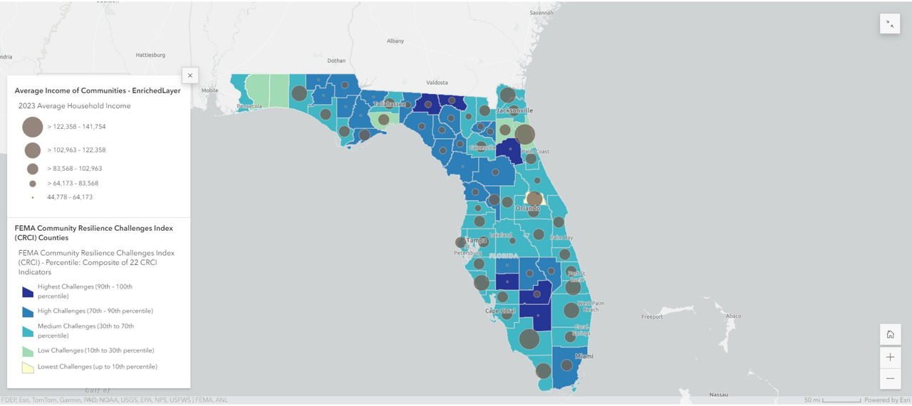 ArcGIS Online map of Florida’s average income of communities and areas with the highest and lowest resilience according to FEMA’s county index.