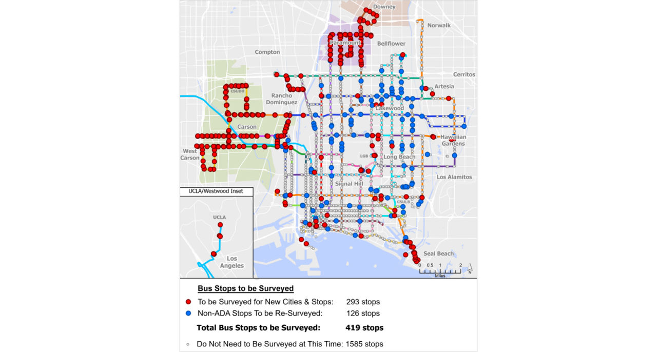 A map showing all of the bus stops that needed maintenance 