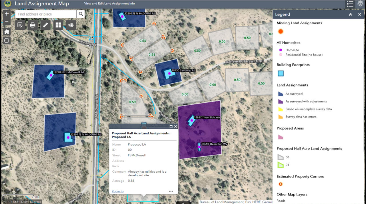Land management map showing land assignments, properties, and building footprints