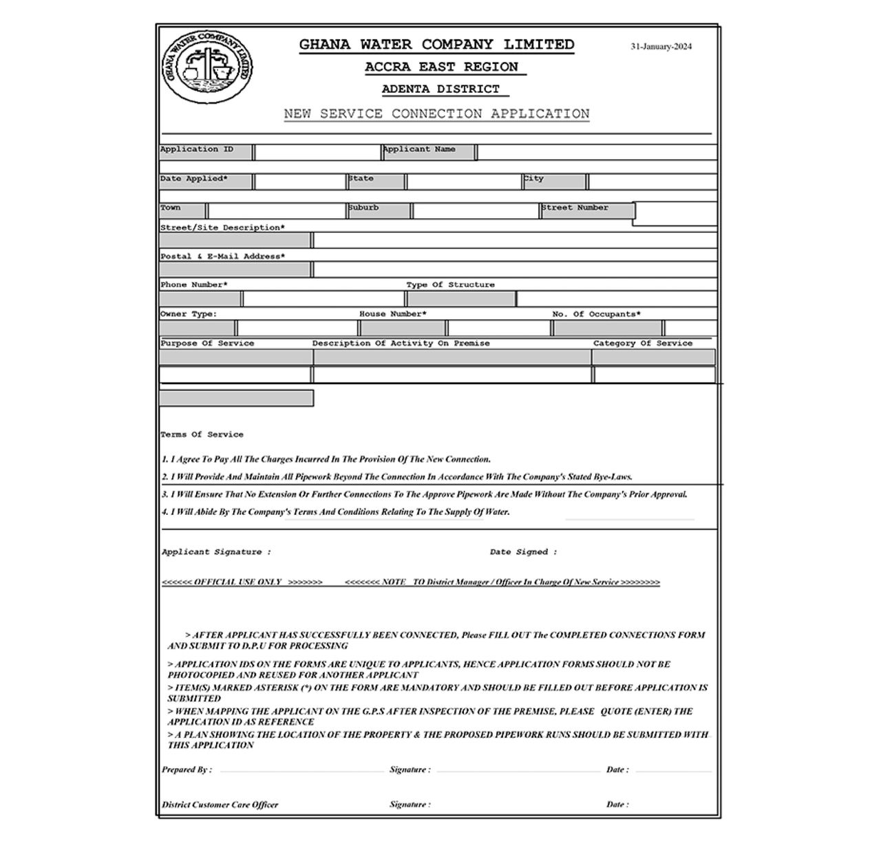 The image is a blank fillable form for applying for a new service connection with the Ghana Water Company Limited