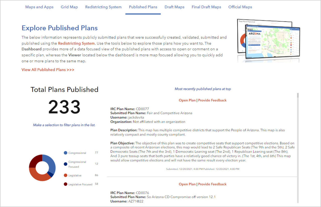 Screencap image of the Published Plans page with an embedded dashboard featuring recently published plans, a counter of total plans published, and a colorful pie chart