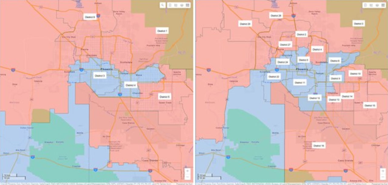A side by side comparison of two different redistricting maps of the same Arizona area
