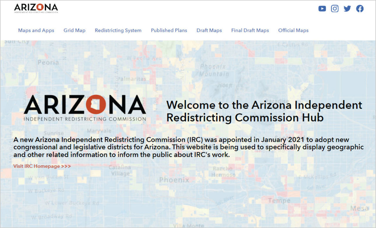 Screencap image of the Arizona Independent Redistricting Commission Hub homepage