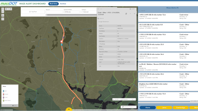 A zoomed-in view of an incident displayed on the massDOT waze alert dashboard. Clicking on an arrow (or alert) or jam (line) highlights the location and gives a pop-up of related information. 