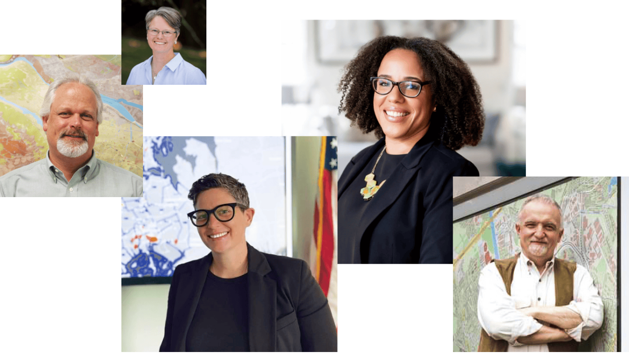 A photo collage shows a selection of real people who are featured in stories about GIS heroes from Esri’s ArcNews publication. 