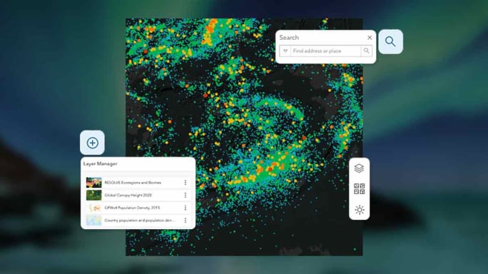 A screenshot of an ArcGIS web mapping application with interactive elements such as a search bar, layer manager, and legend.