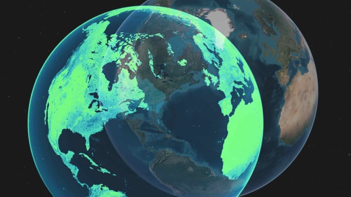 Two globes of the world are shown, with one in the foreground seeming to emerge from the one in the background. The foreground globe is colored using a green and blue gradient, representing a digital twin of the real world created with data from ArcGIS. 
