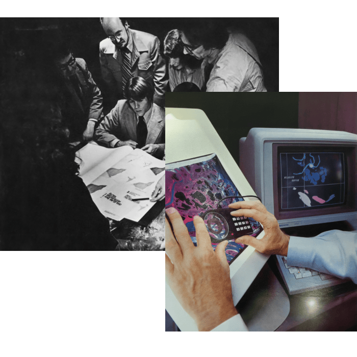 A historical photo shows an Esri employee using a digitizing device to interact with an early GIS computer program that displays a map of a wildlife refuge on an Apple Macintosh monitor from the late 1980s. In the background, another historical photo shows Esri founders Jack Dangermond and Laura Dangermond with employees and partners gathered around large maps to discuss an early project.