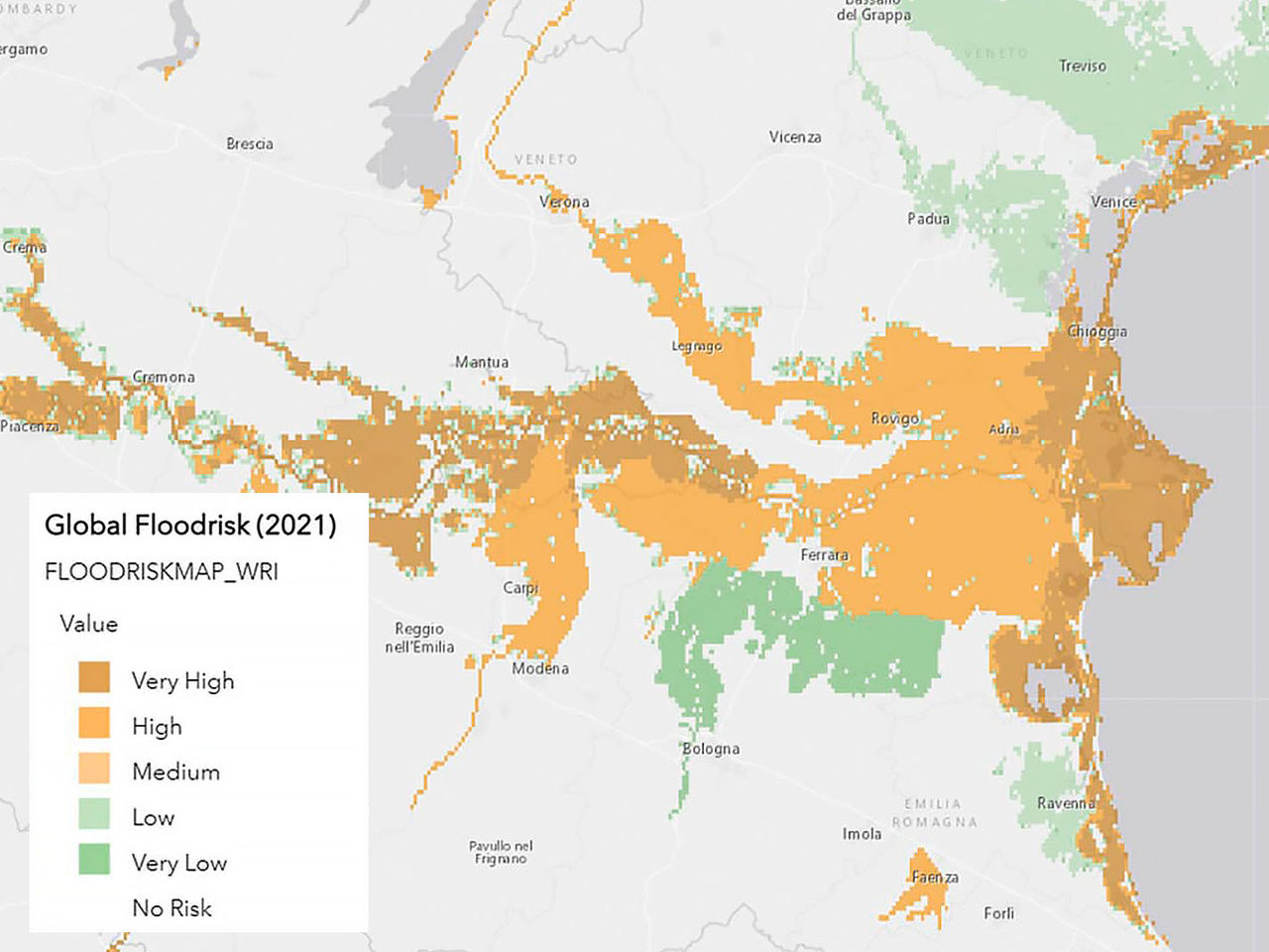 Mapa de riesgos de inundación codificado por colores, parte de una evaluación de riesgos climáticos