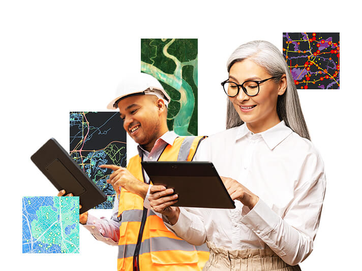 Hombre y mujer mirando tablets con varios fragmentos de mapas digitales de fondo 