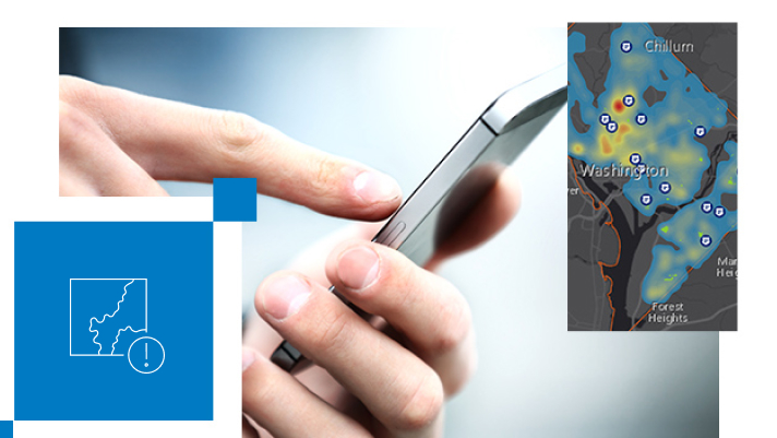  Smartphone avec une carte numérique en encart représentant des points de données éparpillés identifiant la localisation d’incidents et une icône bleue et blanche
