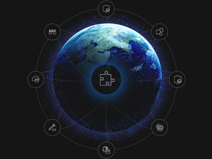 Image numérique de la planète avec les eaux en bleu et les terres en vert, entourée d’icônes ronds