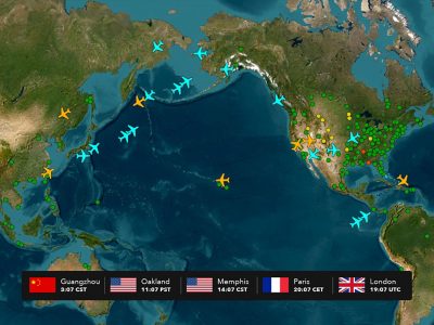 Map of the globe showing dots and airplane-shaped icons in different colors, with a bar displayed at the bottom showing 5 time zones