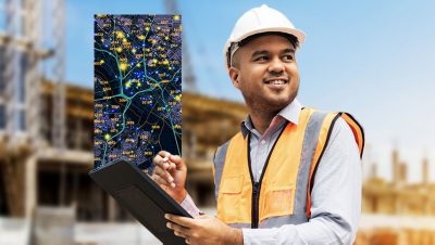 A man outside near a construction site, wearing a helmet and high-visibility vest, holding a tablet that is displaying a detailed map