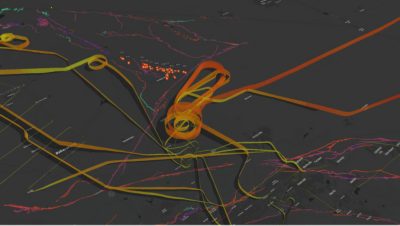 3D visualization of aircraft flight paths and their altitudes expressed in multi-dimensions with a series of red, green, and orange connected lines