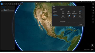 An image of earth from space with blue water and green land with a popup black box of text representing the ArcGIS Earth user interface