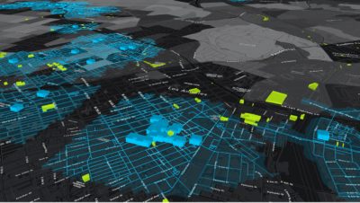 3D city map with street name labels, blue connected lines for roads, and blue 3D buildings plus custom symbology