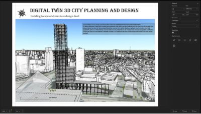 A 3D rendering of a city with a cluster of buildings representing city planning visual aids created in ArcGIS Earth