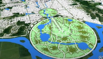 A digital rendering of an aerial view of a city with a large circular park in the center, surrounded by water and trees.