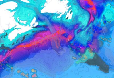 Map of the seafloor and pink, blue, and light blue areas.