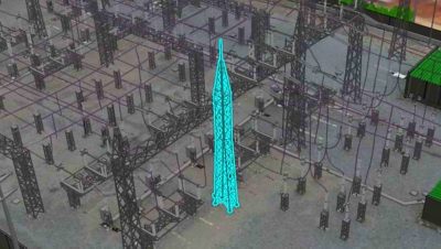 3D substation map with tower highlighted in bright blue