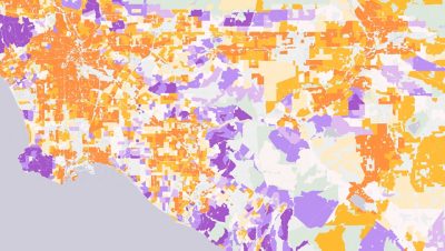 Map with light yellow, orange, lavender, and purple shaded parcels