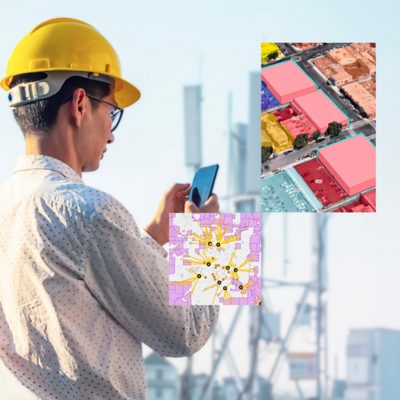 A person in a hard hat using GIS software on a phone, a map of buildings, and a network map