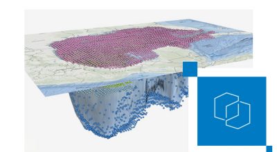 Modelo de interpolación espacial en 3D que muestra varios puntos de datos