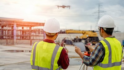 Dois trabalhadores usando capacetes e coletes de segurança controlando um drone com um tablet e controle remoto em um canteiro de obras