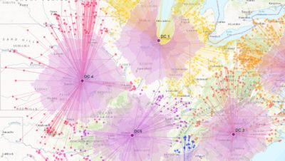 Um mapa do leste dos Estados Unidos com explosões de dados rosa espalhadas pela região que se conectam a pontos de dados multicoloridos