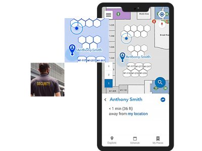 移动应用程序，显示办公室的设施点平面图和安全人员“Anthony Smith”的实时位置 