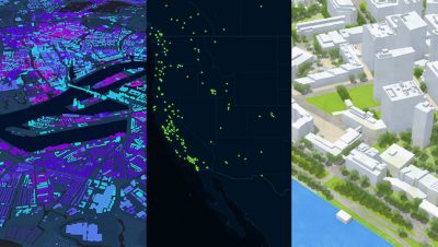 Eine dreigeteilte Karte zur Darstellung farbiger 3D-Karten von Städten, von denen die mittlere Karte einen Scatterplot aus grünen Punkten auf einem schwarzen Hintergrund zeigt