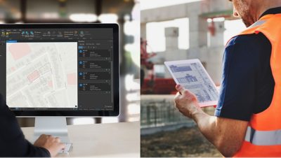 A side-by-side image of a person working on a parcel map on a desktop and a construction worker in an orange vest on a tablet