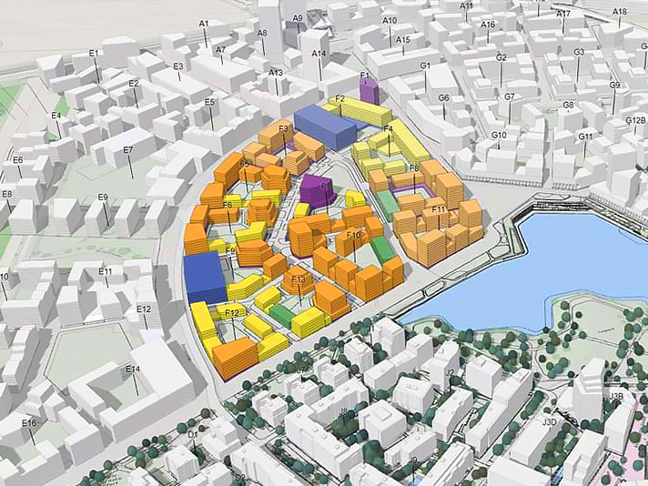 Schermata concessa da Wien3420 che mostra una mappa 3D di edifici di Aspern Seestadt e un display del totale di emissioni di CO2 rappresentate per misurare l'efficienza e le prestazioni degli edifici. 