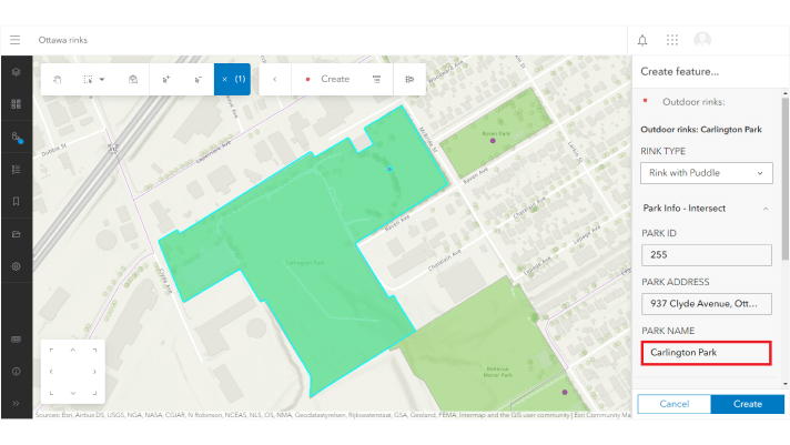 Una mappa di Ottawa, Canada che mostra la posizione di una pista di pattinaggio all'aperto, Carlington Park