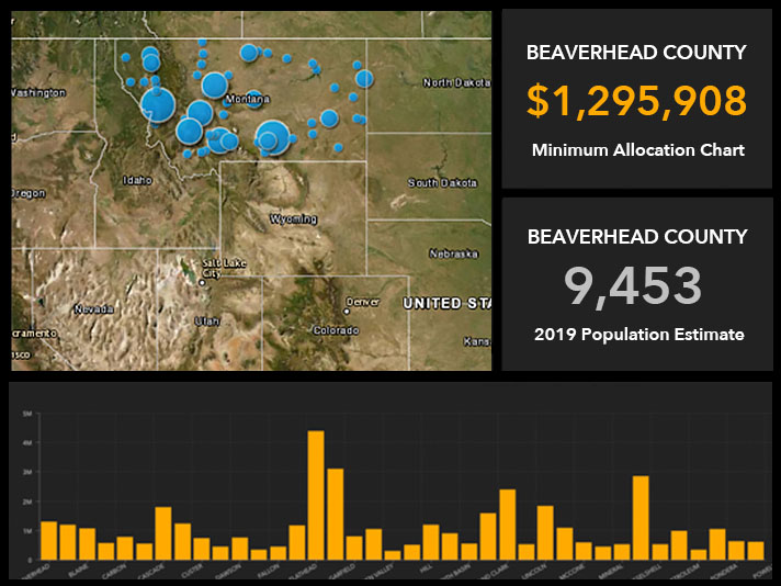 Panel pokazuje mapę planowanych projektów infrastrukturalnych w miastach i mniejszych miejscowościach w całym stanie Montana, a także statystyki dla powiatu Beaverhead.
