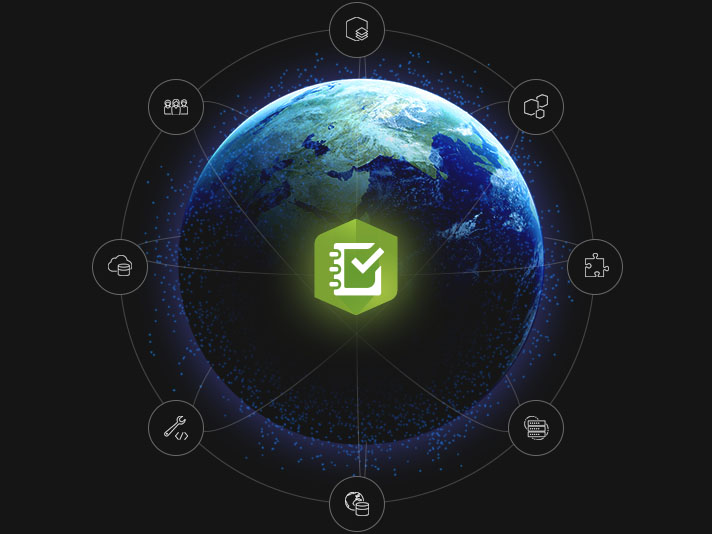 Uma imagem digital da terra com água azul e terra verde com uma série de ícones redondos ao seu redor