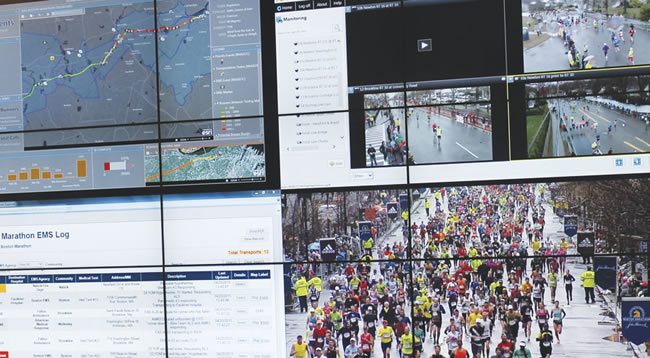 The dashboard featured dynamic web map layers, including live weather and traffic and real-time tracking of runners and emergency vehicles. Photo courtesy of the Massachusetts Emergency Management Agency.